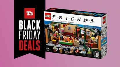 Lego Friends Central Perk box on pink background with Black Friday deals sign