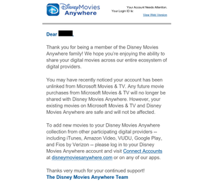 Sample email being sent to users of the Disney Movies Anywhere program.