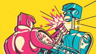 A cartoon-stylised illustration depicting two robots fighting each other