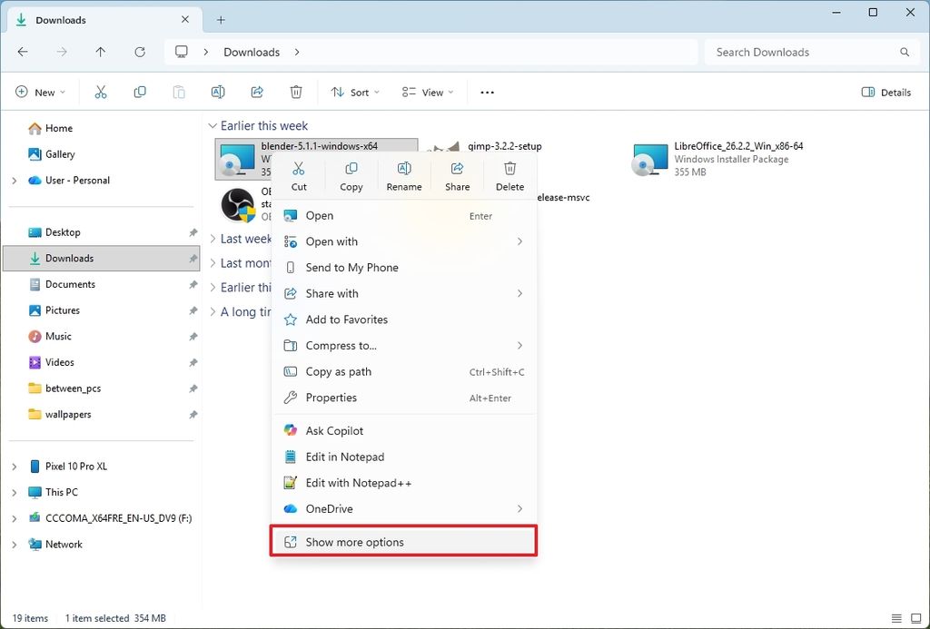 Context menu show more options