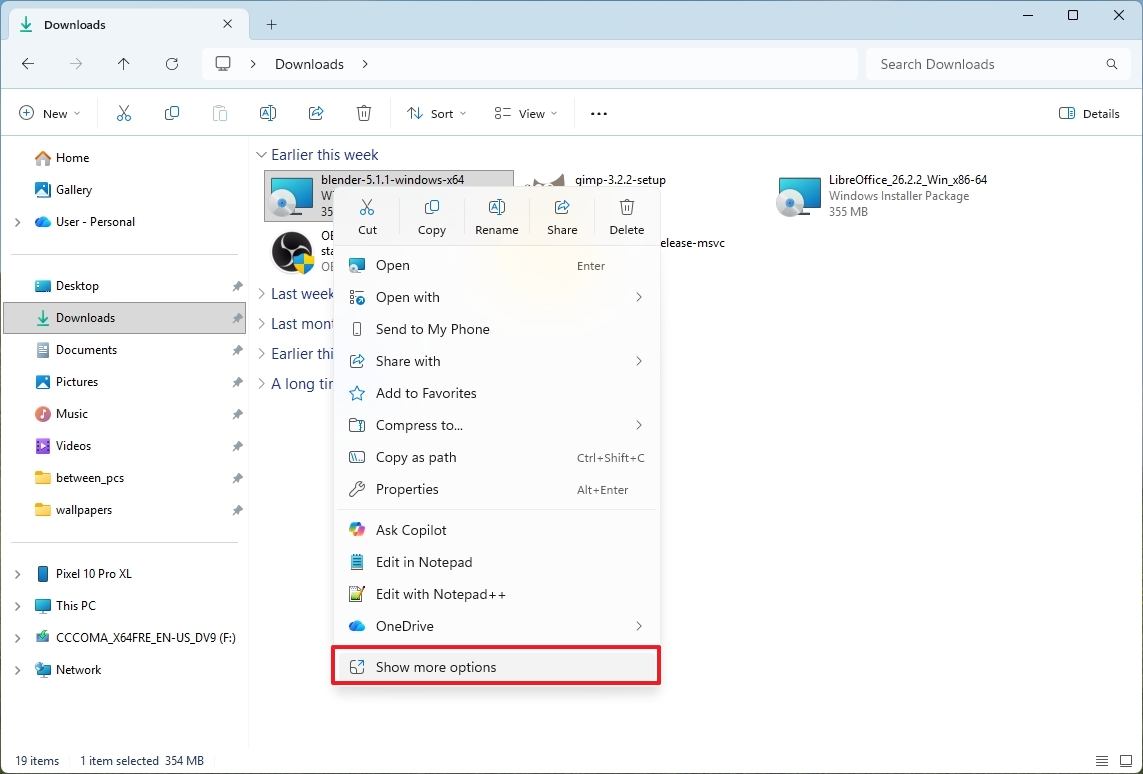 Context menu show more options