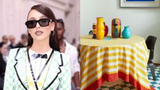 emma chamberlain and an image of a striped dining table
