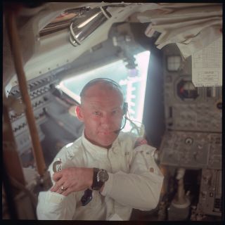 Apollo 11 lunar module pilot Buzz Aldrin wearing his inflight coverall jacket during the 1969 moon landing mission.