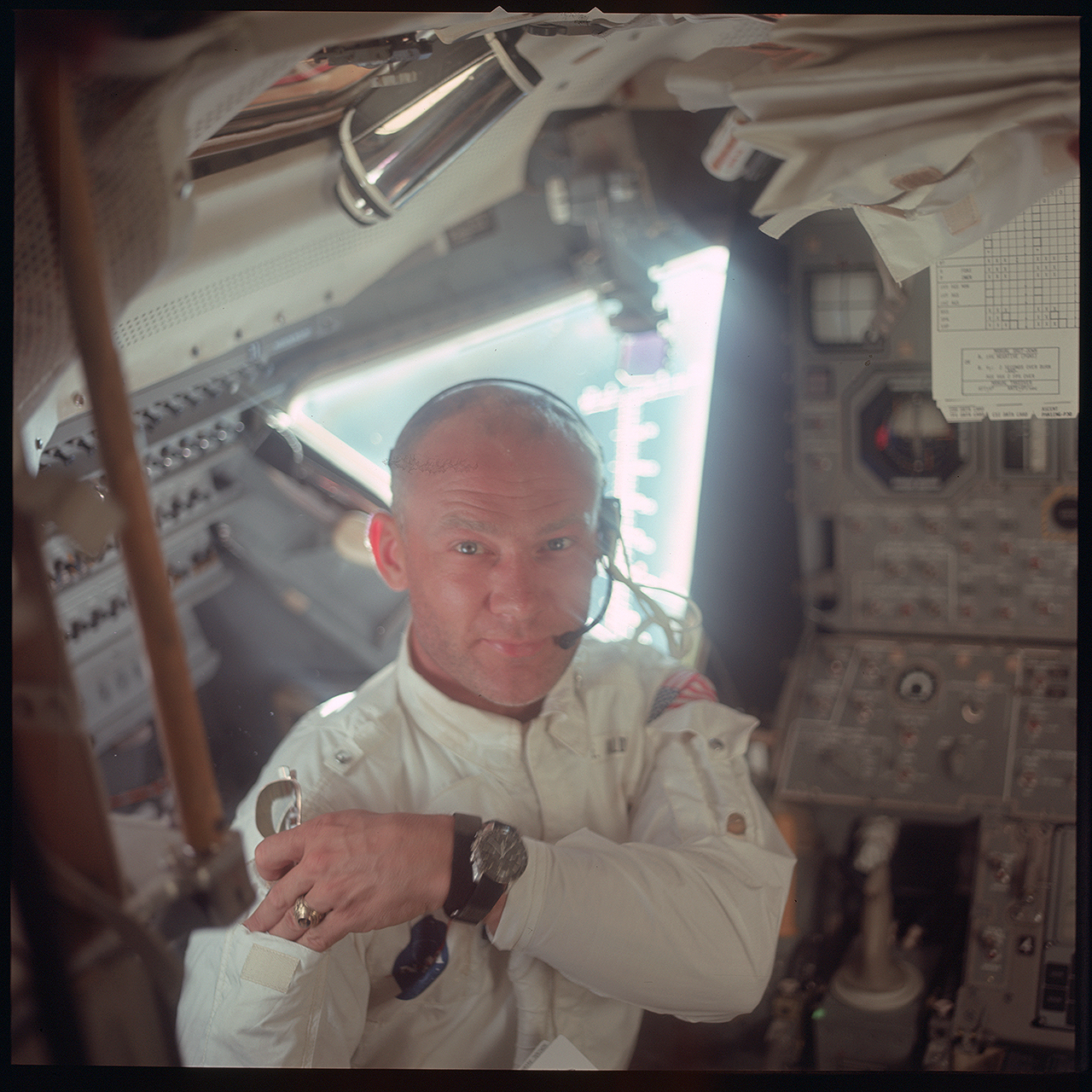 Apollo 11 lunar module pilot Buzz Aldrin wearing his inflight coverall jacket during the 1969 moon landing mission.