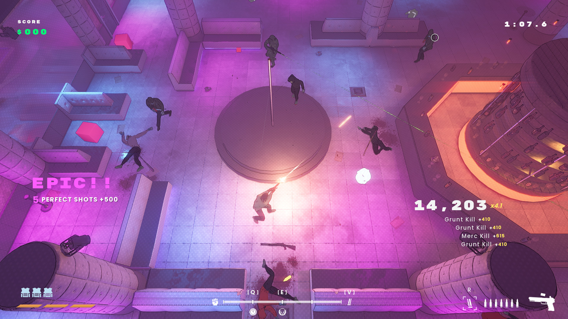 Suit for Hire gameplay in which the player is in a shootout within a neon-lit club