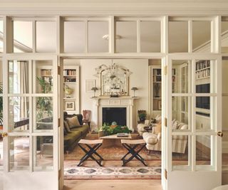 living room through glass partition