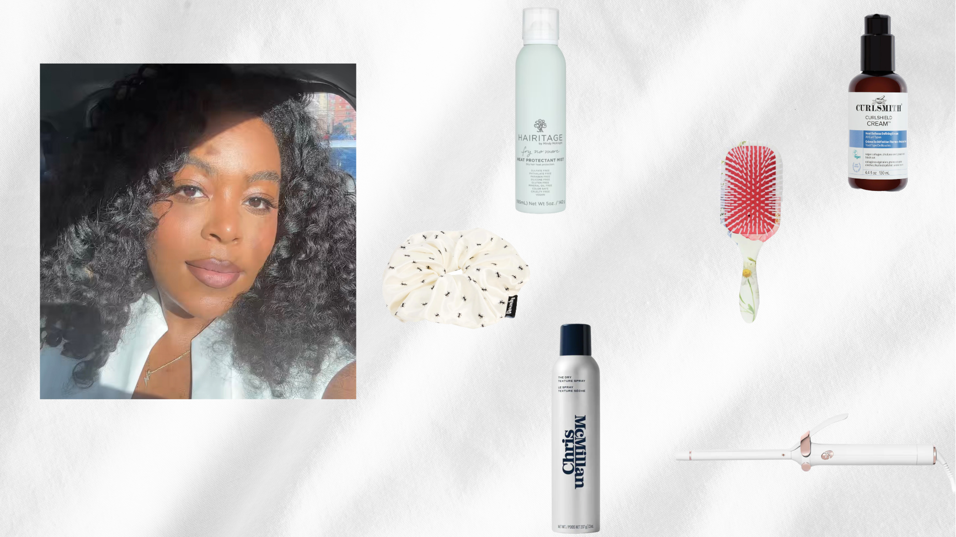 girl with curly bob next to a bunch of hair products