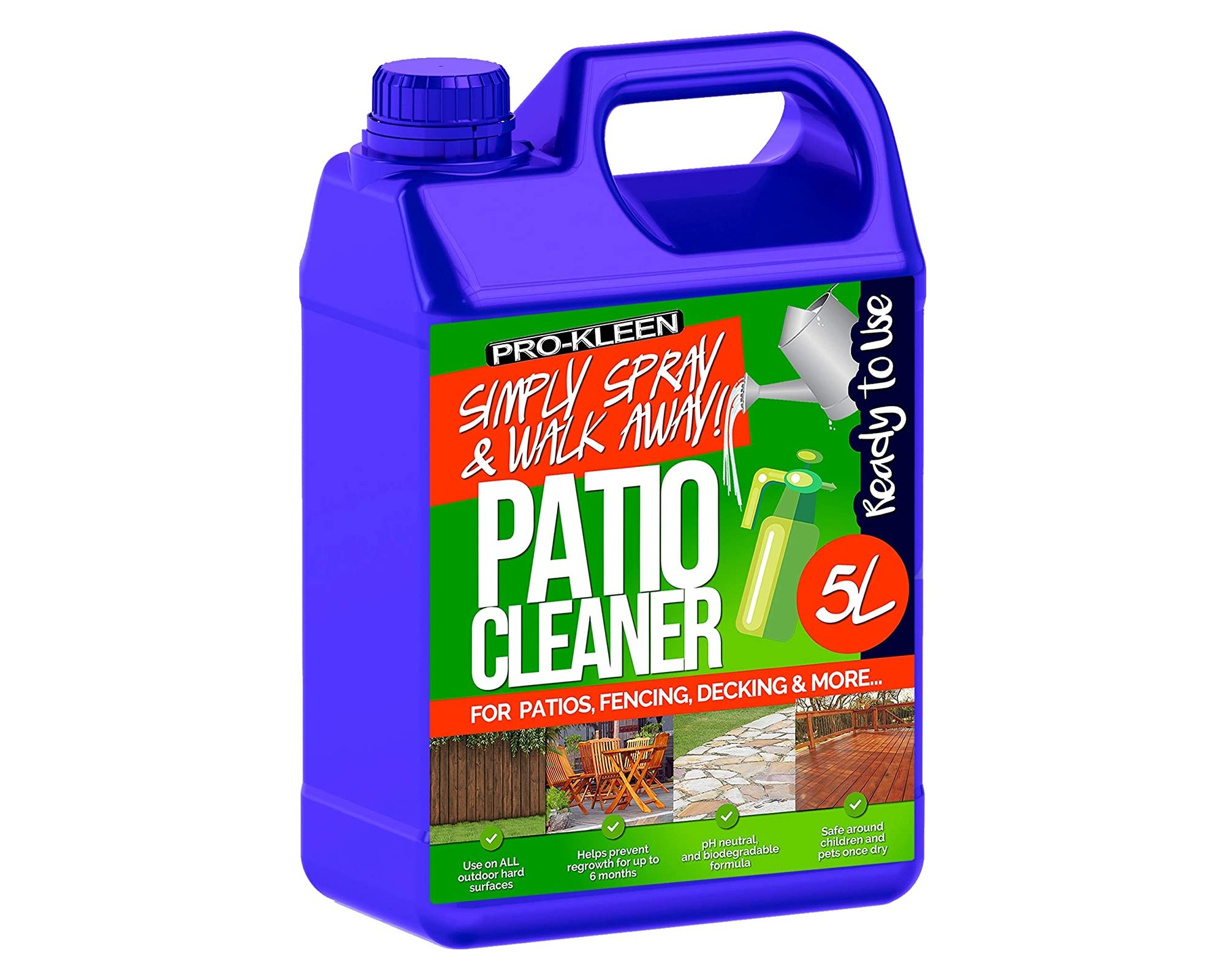 A blue bottle of Pro-Kleen ready-to-use patio cleaner