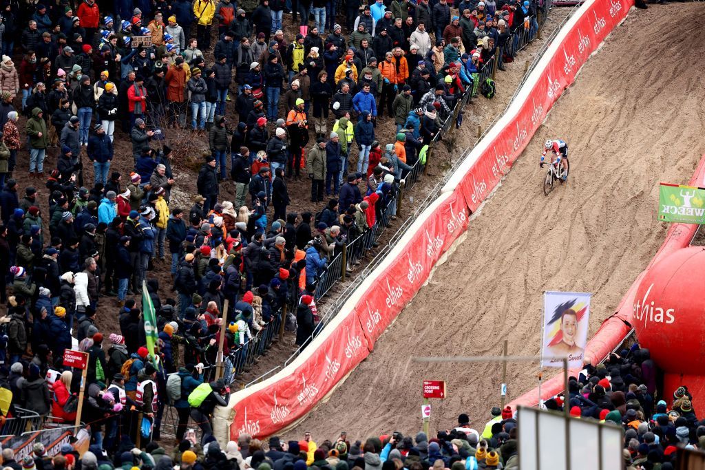 Netherlands' Puck Pieterse during the women's elite race at the World Cup cyclocross cycling event in Zonhoven on January 7, 2024, stage 12 (out of 14) of the UCI World Cup Cyclocross competition. (Photo by DAVID PINTENS / Belga / AFP) / Belgium OUT