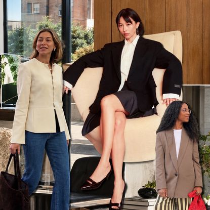 3 women women in workwear, including tailored blazers, wide-leg trousers, denim, and skirts, layered over photographs of city streets, offices, and interiors.