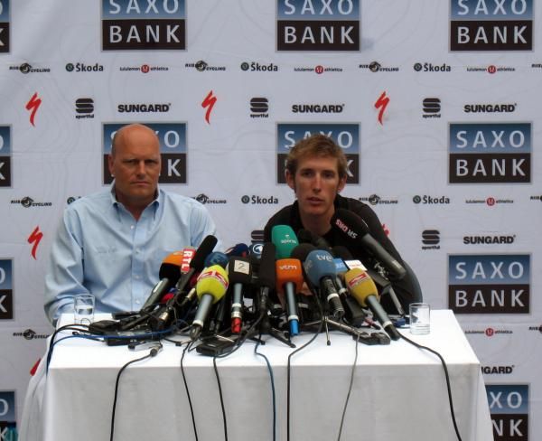 Bjarne Riis and Andy Schleck together at a Tour de France press conference