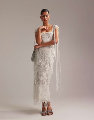 Asos Design Fringe Embellished Square Neck Maxi Wedding Dress