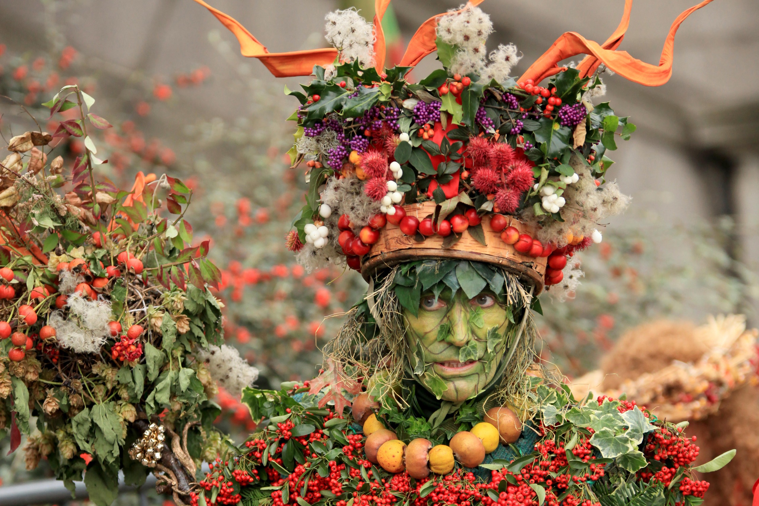 A man dressed entirely in fruits and vegetables