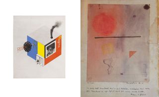 Pictured left: a design proposal for a multimedia exhibition by Herbert Bayer, 1924. Right: Max Bill’s Der Eilbote, a watercolour work from 1928
