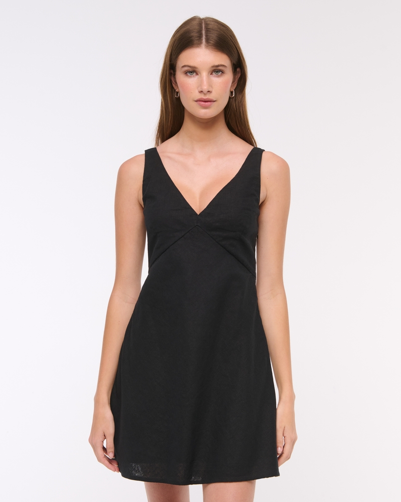 V-Neck Linen-Blend Mini Dress