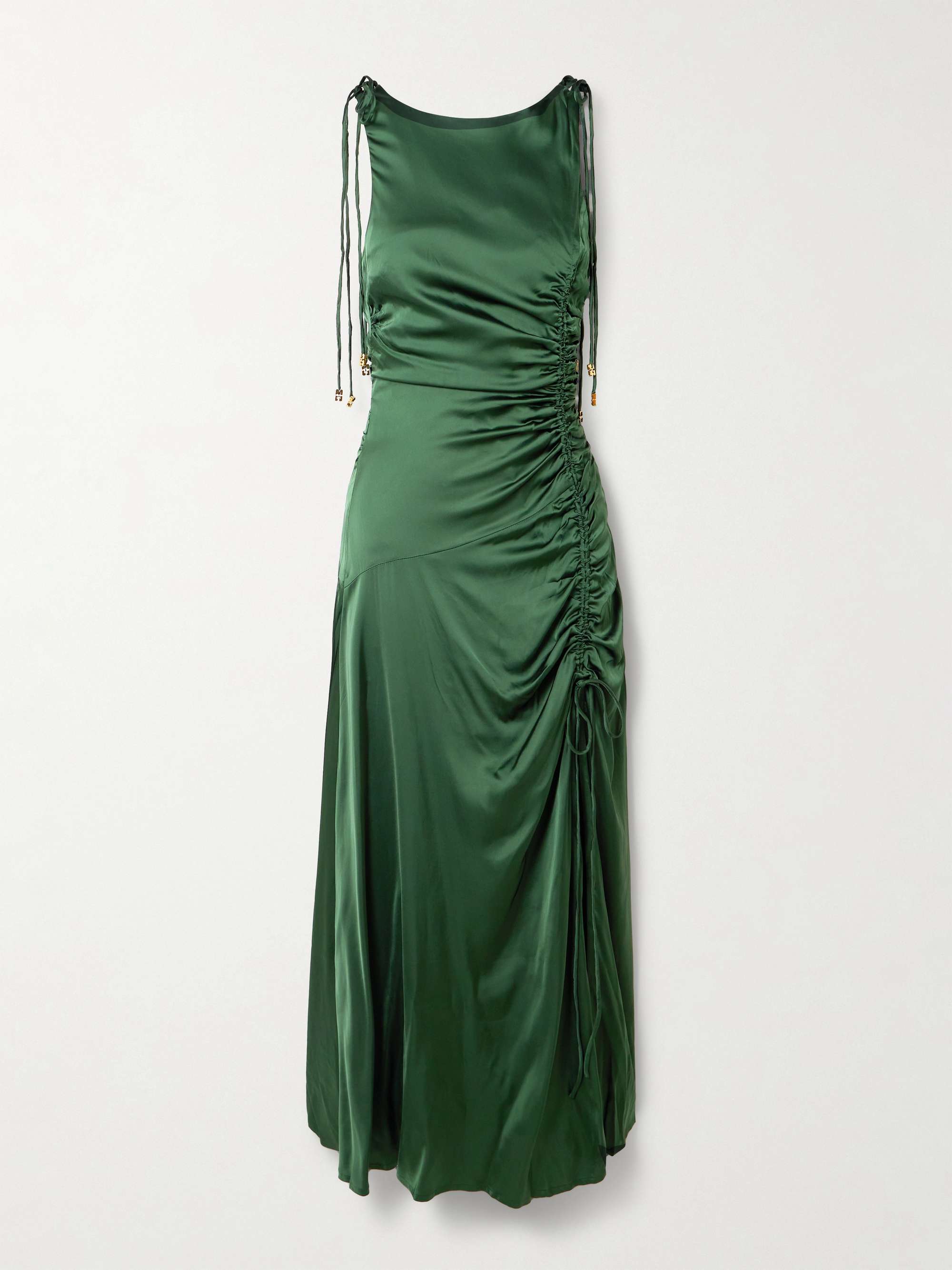Embellished Ruched Tie-Detailed Satin Midi Dress