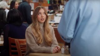 Sydney Sweeney in the Hellman's When Harry Met Sally recreation ad of the orgasm deli scene.