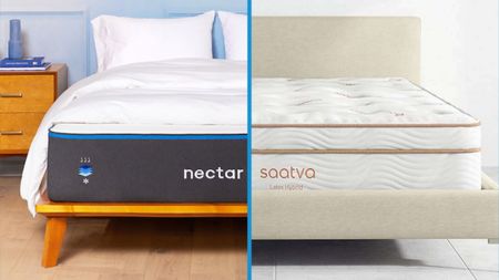 Memory foam vs latex mattresses: image shows the Nectar mattress on the left and the Saatva Latex Hybrid on the right