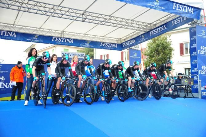 With the countdown clock at zero, Team Sky begins its team time trial.