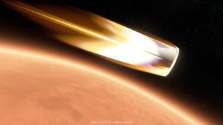 flames surround a cone-shaped spacecraft as it reenters the atmosphere of a planet
