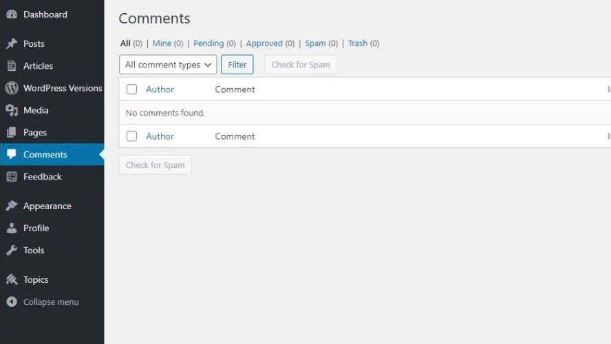 WordPress's comments page in its website builder interface