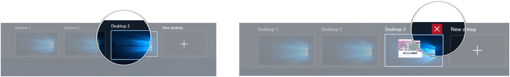 Hover the cursor over a desktop. Click the X.