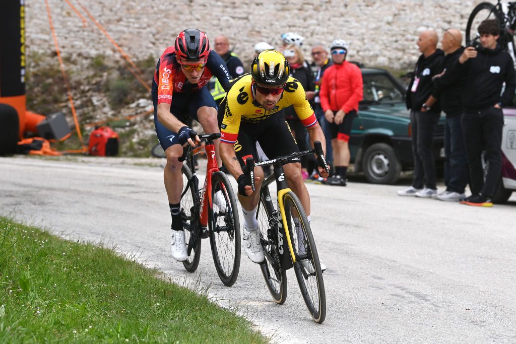 FOSSOMBRONE ITALY MAY 13 LR Tao Geoghegan Hart of The United Kingdom and Team INEOS Grenadiers and Primo Rogli of Slovenia and Team JumboVisma compete during the 106th Giro dItalia 2023 Stage 8 a 207km stage from Terni to Fossombrone UCIWT on May 13 2023 in Fossombrone Italy Photo by Tim de WaeleGetty Images