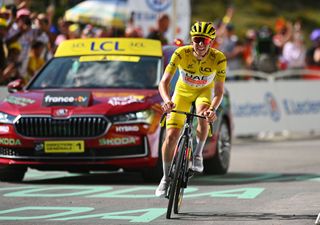 PLATEAU DE BEILLE FRANCE JULY 14 Tadej Pogacar of Slovenia and UAE Team Emirates Yellow Leader Jersey celebrates at finish line as stage winner during the 111th Tour de France 2024 Stage 15 a 1977km stage from Loudenvielle to Plateau de Beille 1782m UCIWT on July 14 2024 in Plateau de Beille France Photo by Dario BelingheriGetty Images