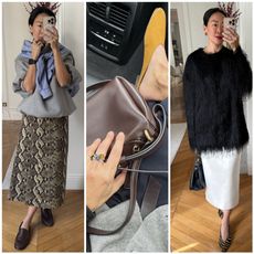 collage of Irene Kim wearing spring outfits 