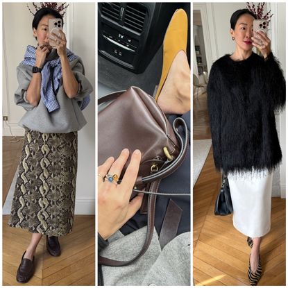 collage of Irene Kim wearing spring outfits 