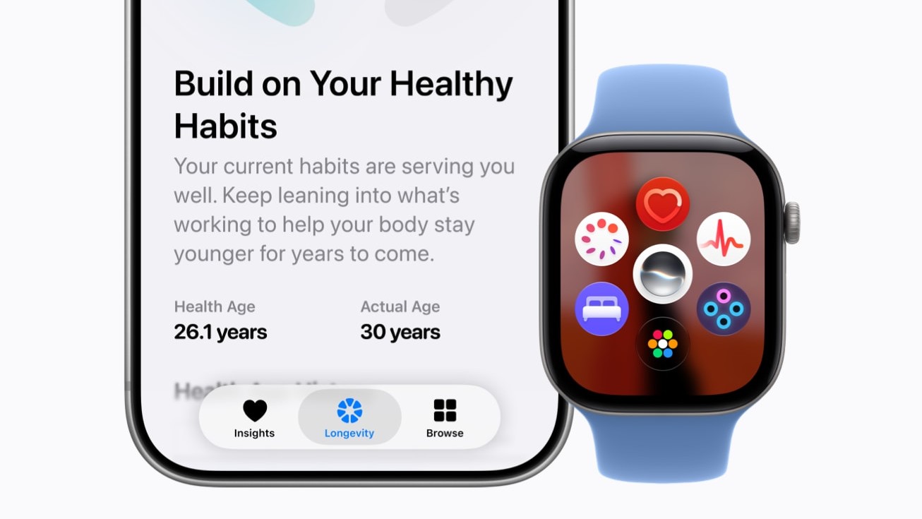 An Apple Watch next to an iPhone with Health Age in the Health app