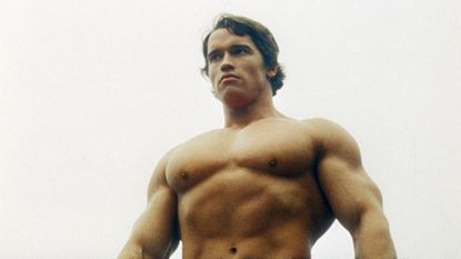 Shirtless Arnold Schwarzenegger displaying his enormous pecs muscles