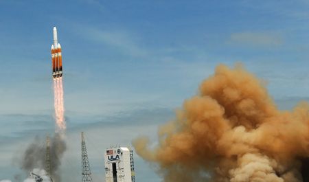 A United Launch Alliance (ULA) Delta IV Heavy rocket launches from pad 37 at Cape Canaveral Space Force Station carrying a classified spy satellite for the National Reconnaissance Office (NRO)