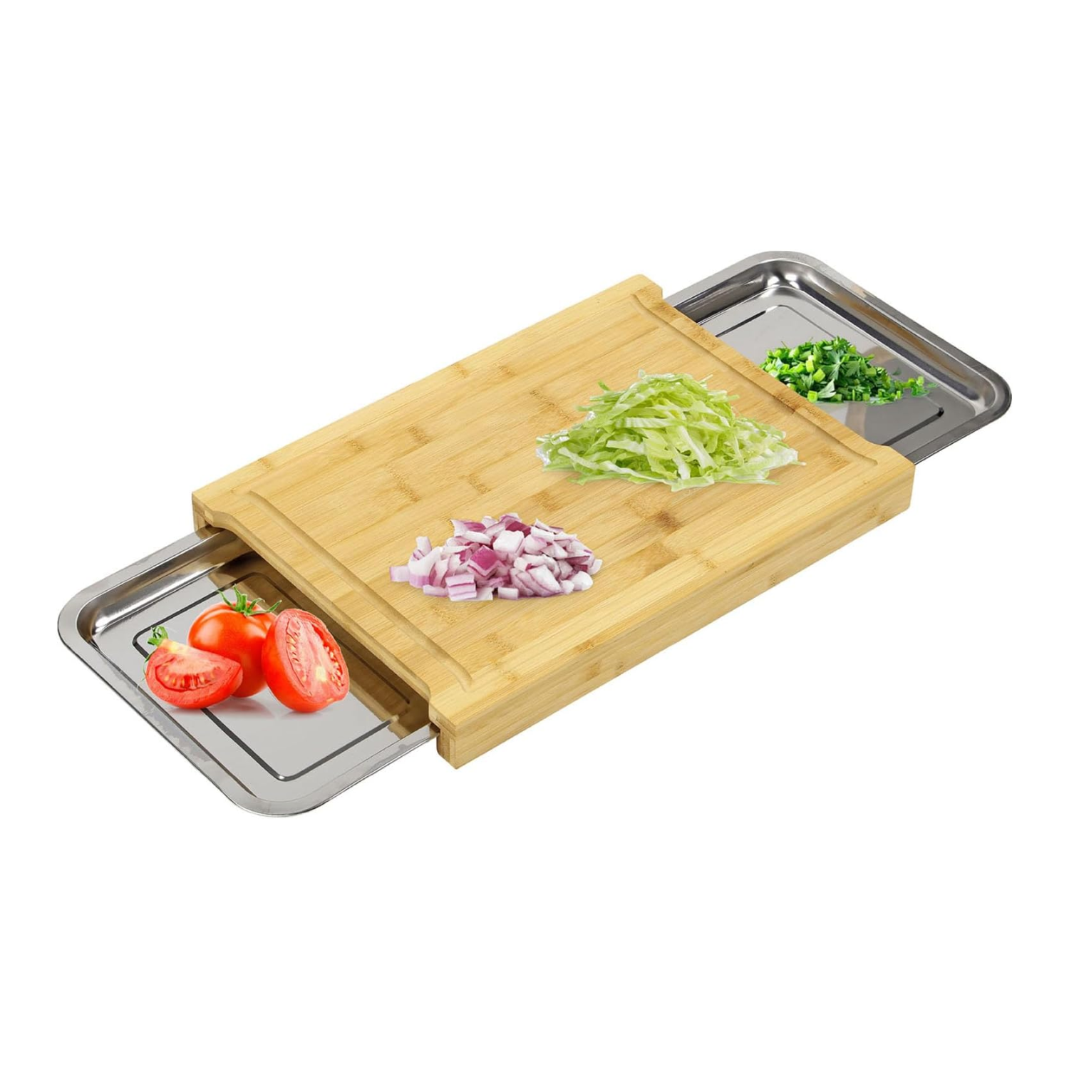 A chopping board with two steel trays