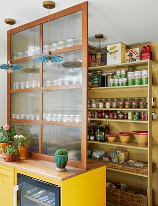 Small kitchen with pantry storage and fluted glass partition