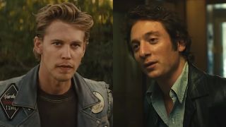 Austin Butler wearing denim biker jacket in The Bikeriders/ Jeremy Allen White as Bruce Springsteen in Springsteen: Deliver Me from Nowhere (side by side image)