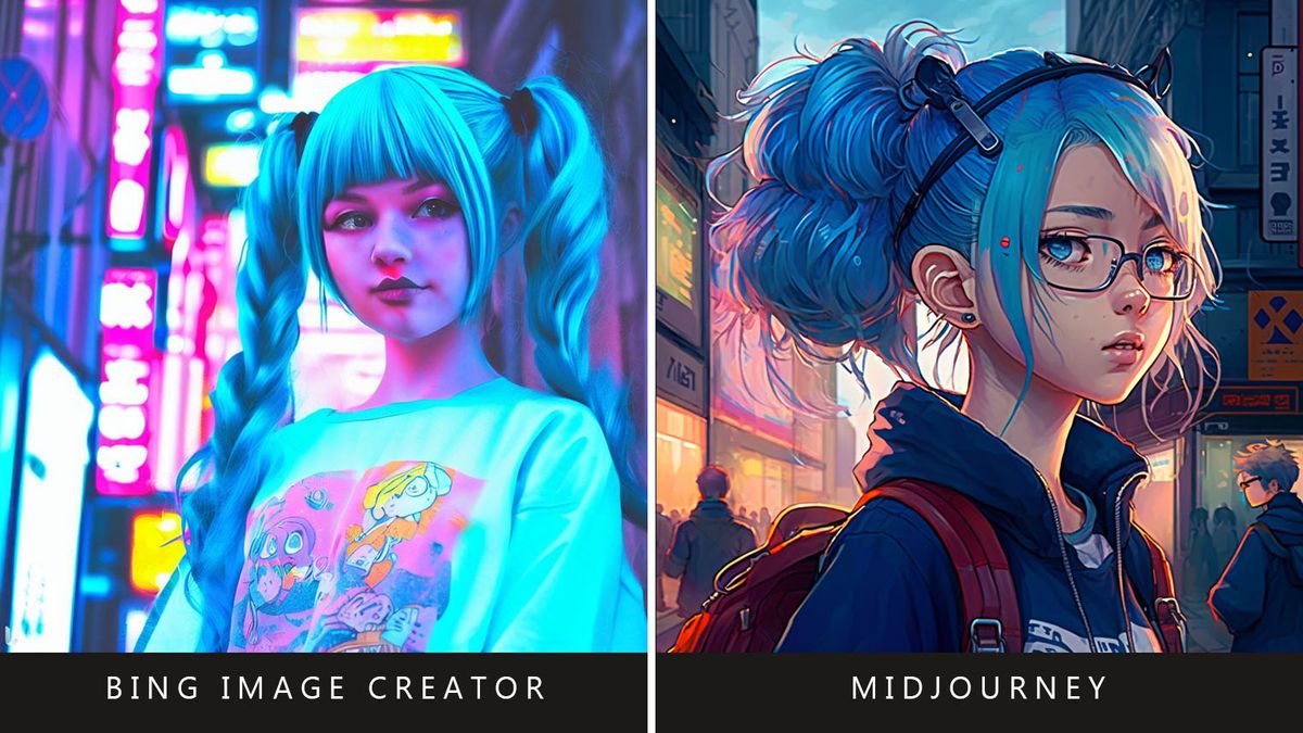Bing Image Creator vs Midjourney prompt: Manga cover art style, teenage girl with pig tails, blue hair, Tokyo neon street