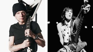 A composite photo of Michael Schenker in 2020 and Pete Way playing live in 1979