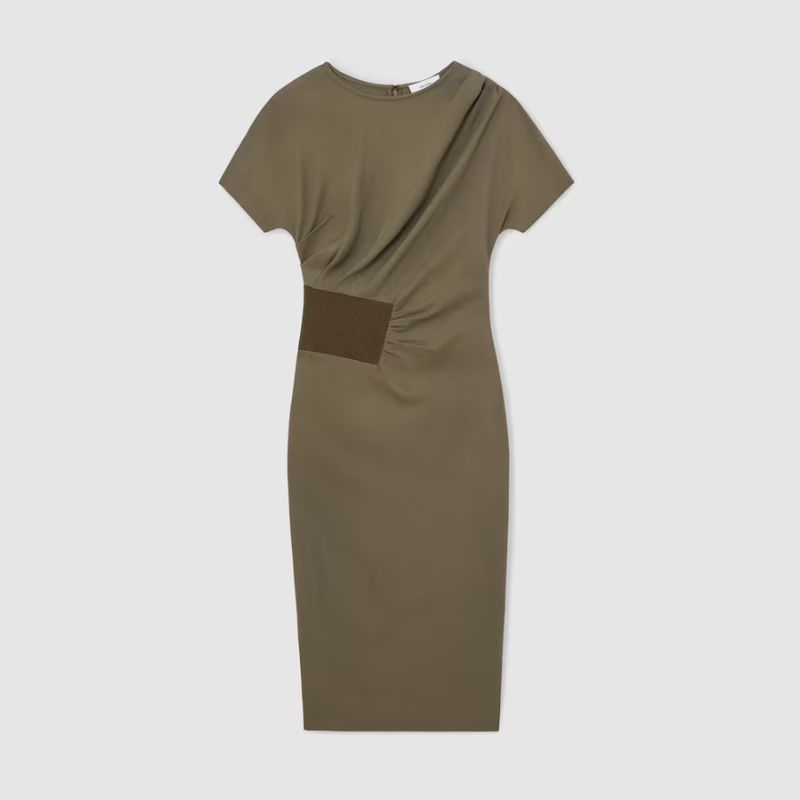 A khaki draped midi dress