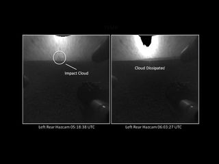 The distant blob seen in the view on left, taken by a Hazard-Avoidance camera on NASA's Curiosity rover is likely the impact cloud from the rover's descent stage after landing on Aug. 5 PDT, 2012.