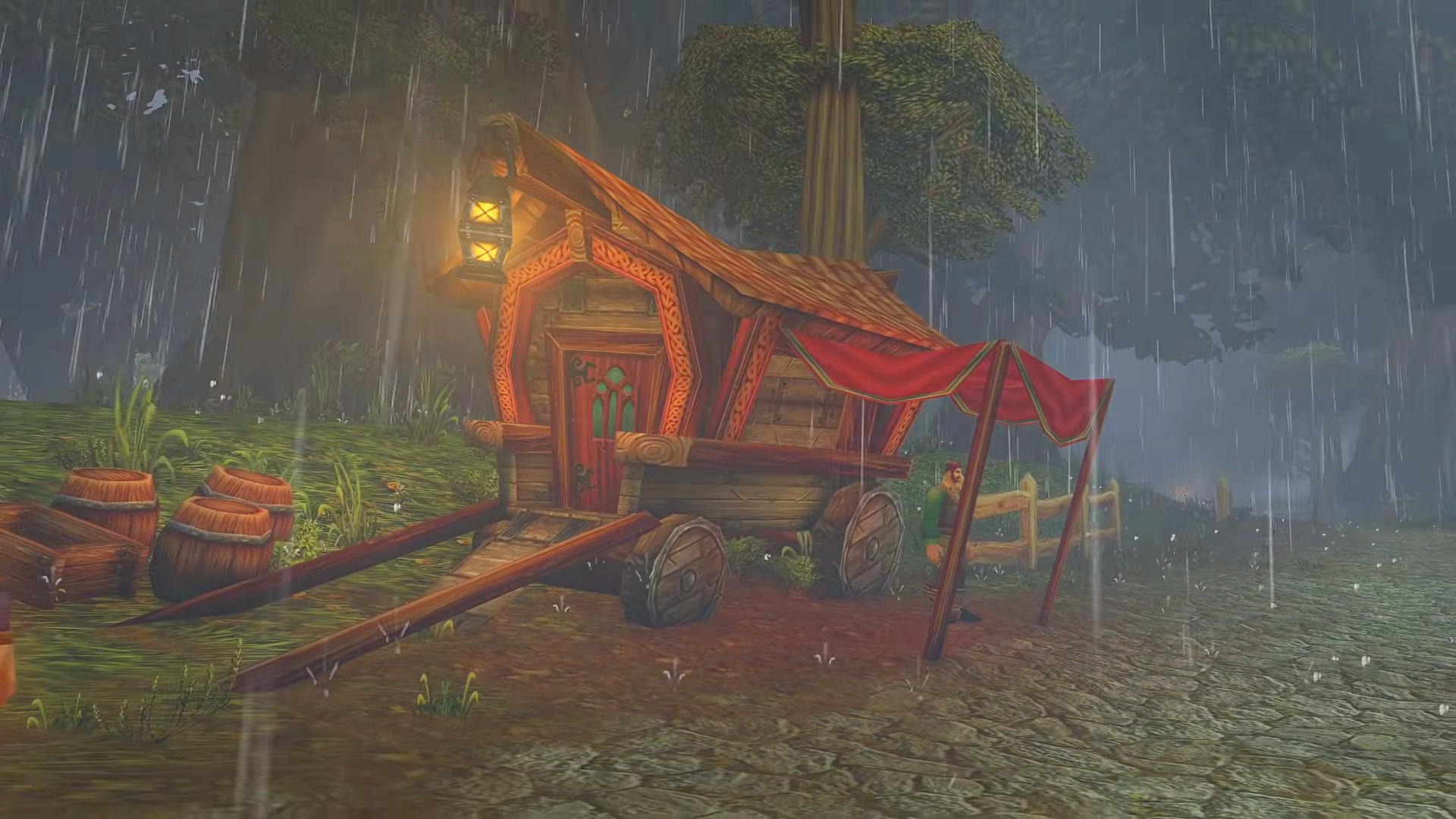 A screencap of the World of Warcraft: Forever teaser video for increased weather effects in the beta. A parked wagon sits next to a cobblestone road as a rainstorm drenches its surroundings.