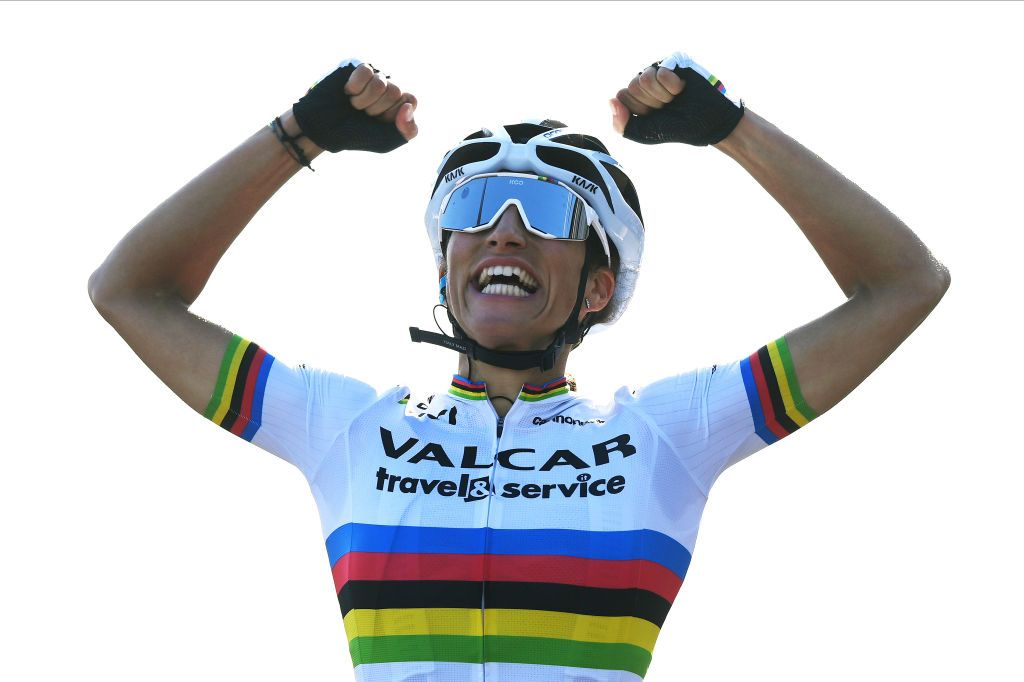 FELIXSTOWE ENGLAND OCTOBER 09 Elisa Balsamo of Italy and Team Valcar Travel Service celebrates at finish line as stage winner during the 7th The Womens Tour 2021 Stage 6 a 160km stage from Haverhill to Felixstowe thewomenstour UCIWWT on October 09 2021 in Felixstowe England Photo by Justin SetterfieldGetty Images