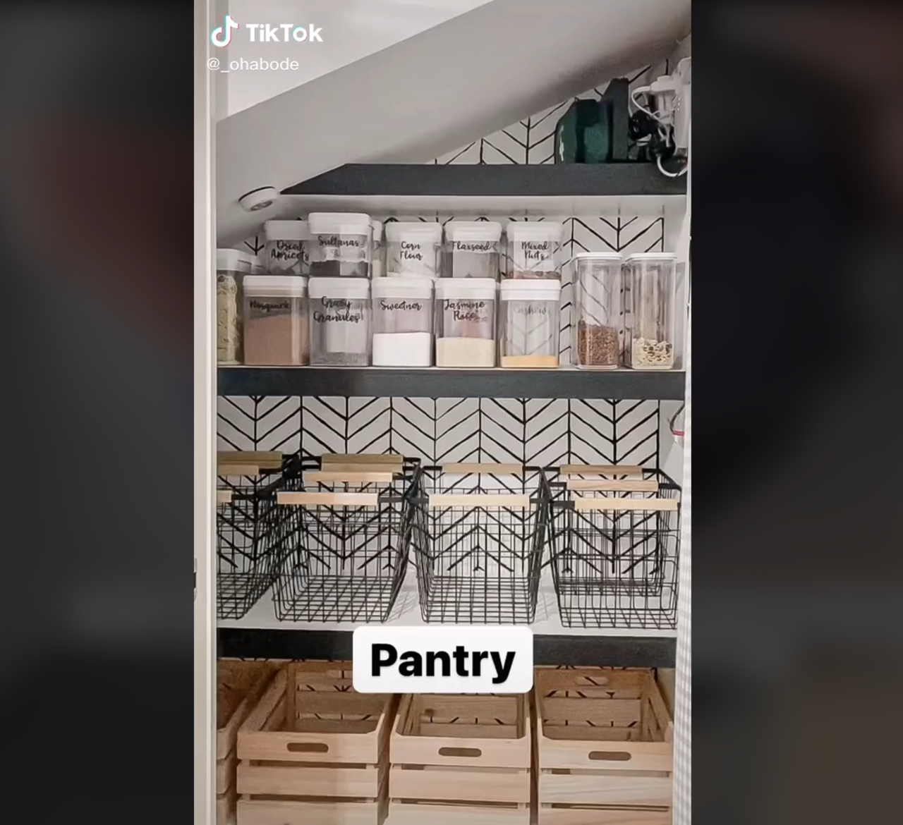 DIY pantry filled with groceries and pull out draws