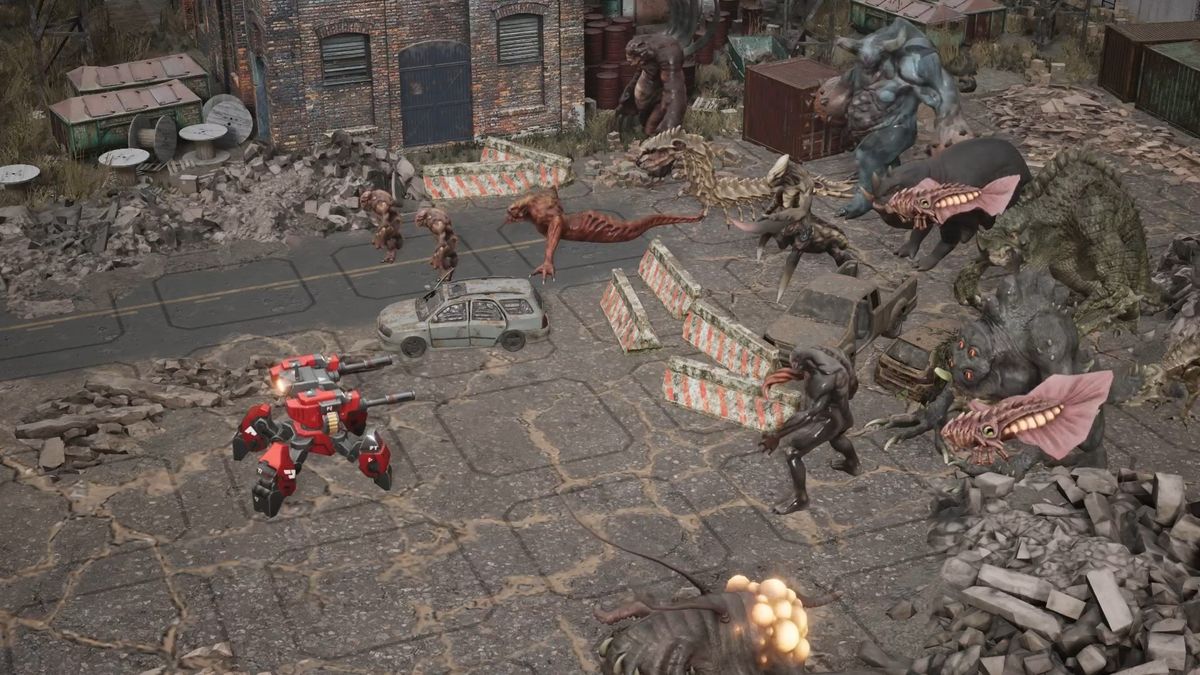 An image of mechs fighting giant monsters from game Mech Armada