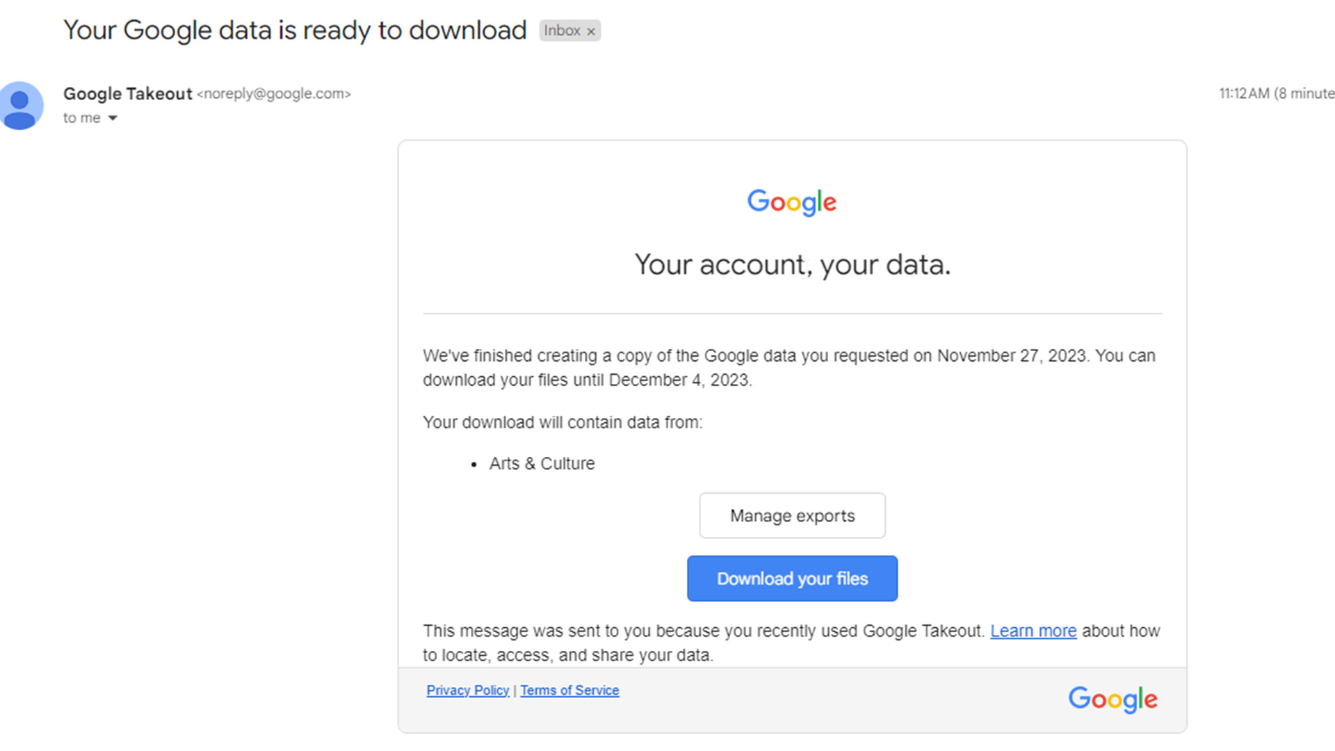 Google Takeout - email for compressed file