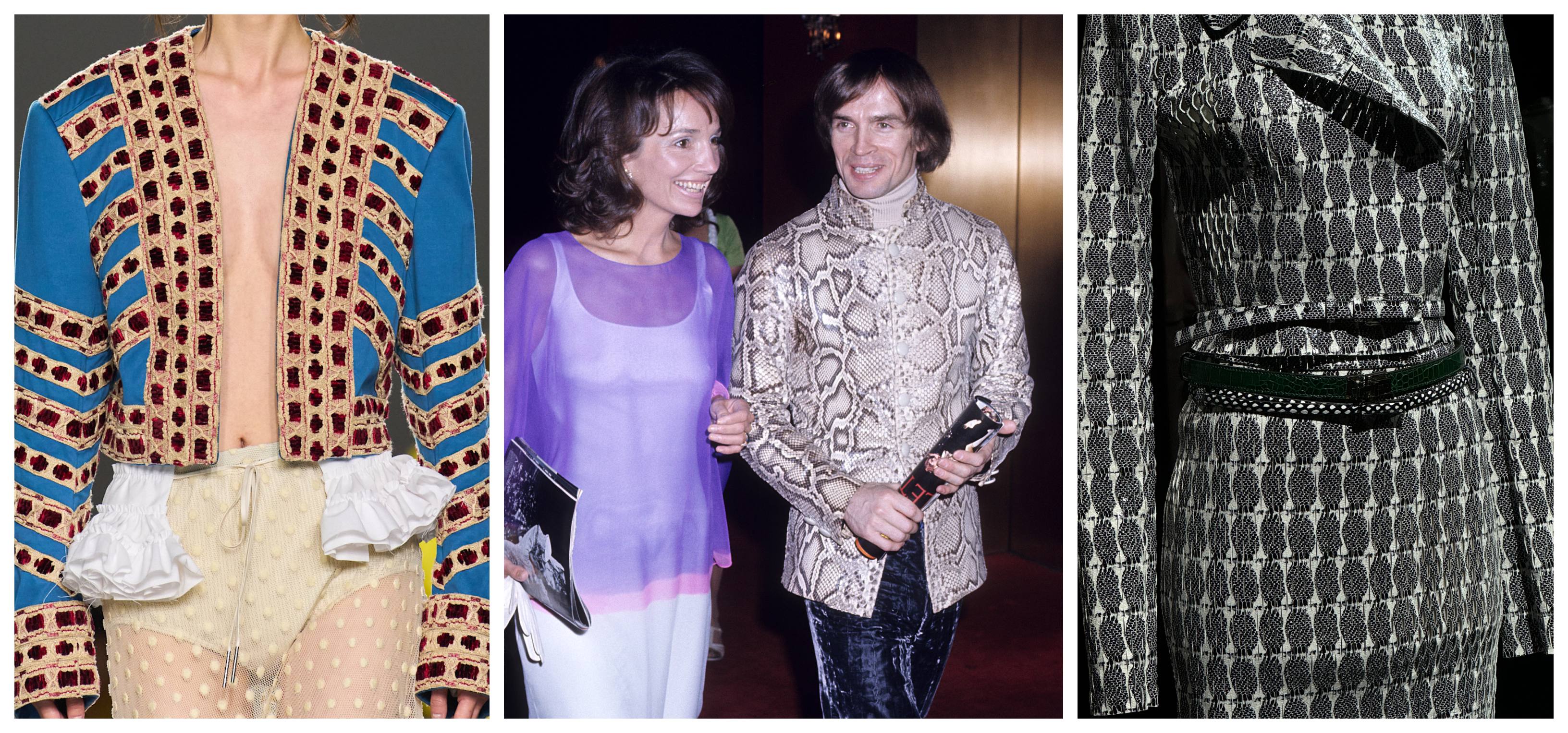 a collage of Nureyev with a Dries Van Noten model and an Altuzarra jacket