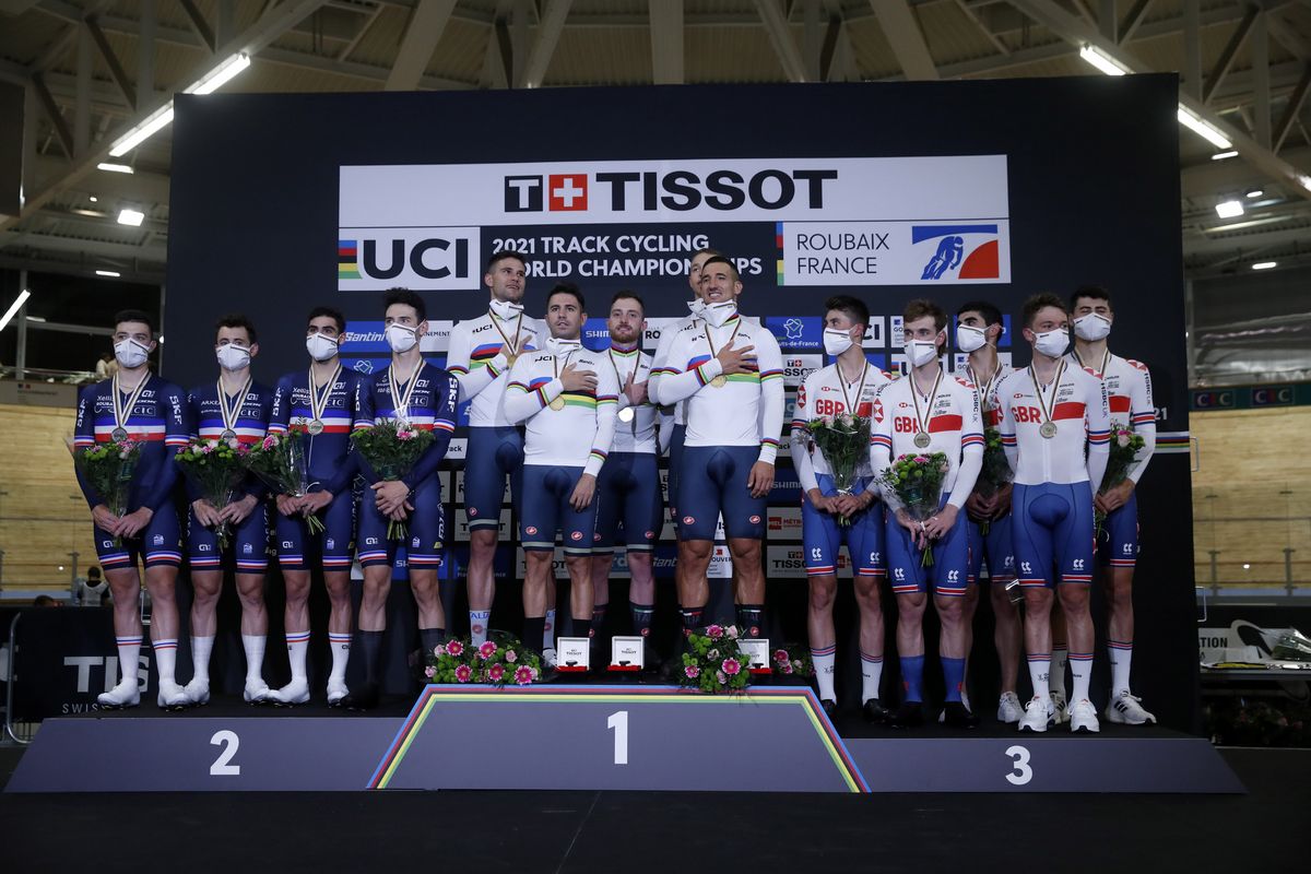 2021 UCI Track World Championship Day 2 - Roubaix France - Men&acirc;s Time Pursuit - 21/10/2021 - Johnatan Milan - Liam Bertazzo - Filippo Ganna - Simone Consonni (ITA) - photo Luca Bettini/BettiniPhoto&Acirc;&copy;2021
