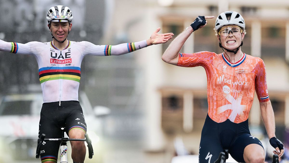 SAN LUCA ITALY OCTOBER 05 Tadej Pogacar of Slovenia and Team UAE Team Emirates celebrates at finish line as race winner during the 107th Giro dellEmilia 2024 a 2153km one day race from Vignola to Bologna San Luca 267m on October 05 2024 in San Luca Italy Photo by Dario BelingheriGetty Images