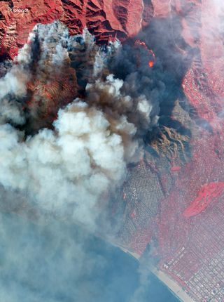 A false-color satellite image shows the Palisades Fire consumed coastal neighborhoods. Land covered in vegetation is seen in red. There is a gigantic plume of smoke above the area.