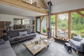 Living room in oak frame home